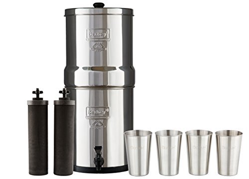 Berkey Water Filter System w/ 2 Black Purifier Filters (2 Gallons) Bundled w/ 1-set of Fluoride Filters (PF2) and 1-set of 4 12 oz Stainless Steel Cups