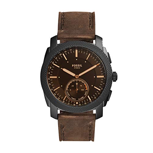 Fossil Men's 45mm Machine Stainless Steel and Leather Hybrid Smart Watch, Color: Black, Brown (Model: FTW1163)