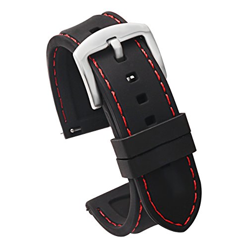 Carty 22mm Quick Release Replacement Watch Bands for Men - Premium Silicone Rubber Watch Bands Black(Red Stitching Silver Buckle)