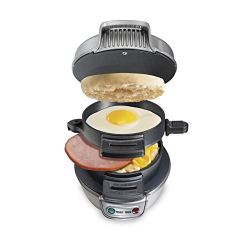 Hamilton Beach Breakfast Sandwich Maker with Egg Cooker Ring, Customize Ingredients, Perfect for English Muffins, Croissants, Mini Waffles, Perfect White Elephant Gifts, Silver (25475A) Discontinued