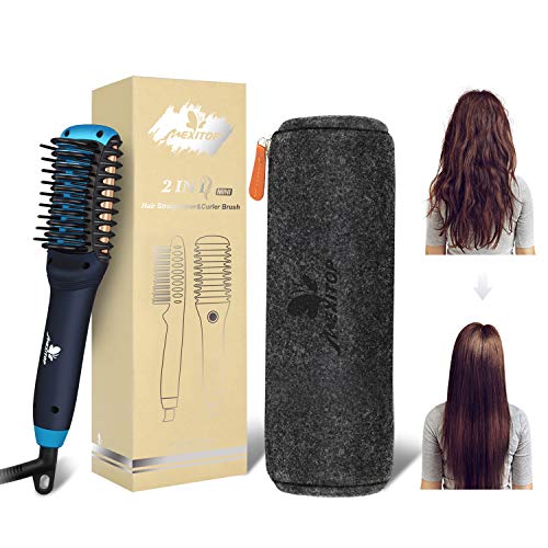 Hair Straightener Curler, Beard Straightener for Men – Mexitop 2 in 1 Hair Straightening/Curling Salon Tool, Lightweight, Dual Voltage, Bonus Glove/Clips/Woolly Cosmetic Bag ($25 Value), Metallic Blue