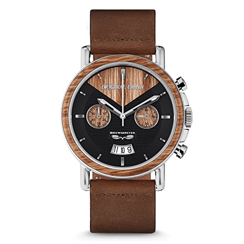 Original Grain Wood Wrist Watch | Brewmaster Collection 44MM Chronograph Watch | Brown Leather Watch Band | Japanese Quartz Movement | German Oak Beer Barrel Wood Bezel | Stainless Steel Case